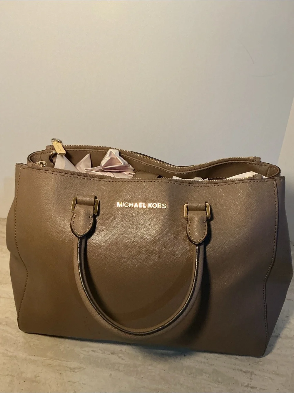 Michael Kors Taupe Saffiano Leather Tote with Gold Hardware